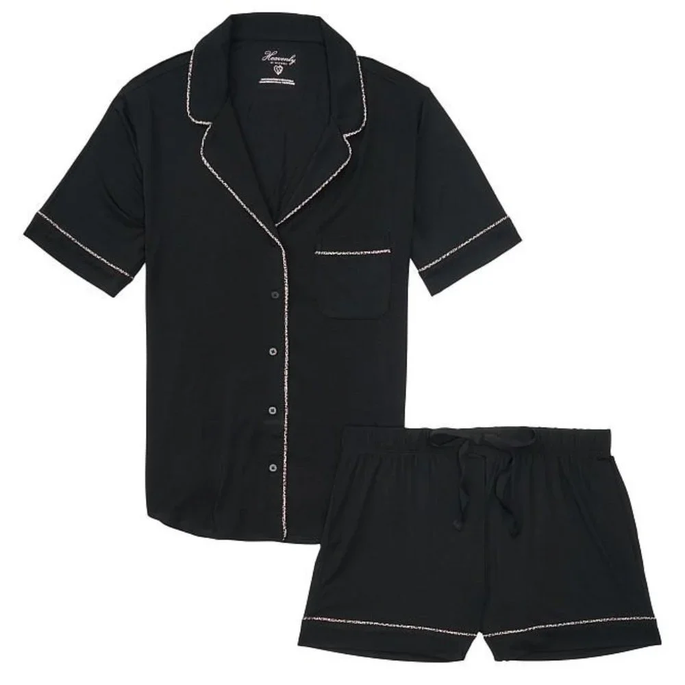 L VS Short PJ Set Black with Leopard Piping Heavenly Modal Softest PJs NWT - Picture 2 of 11